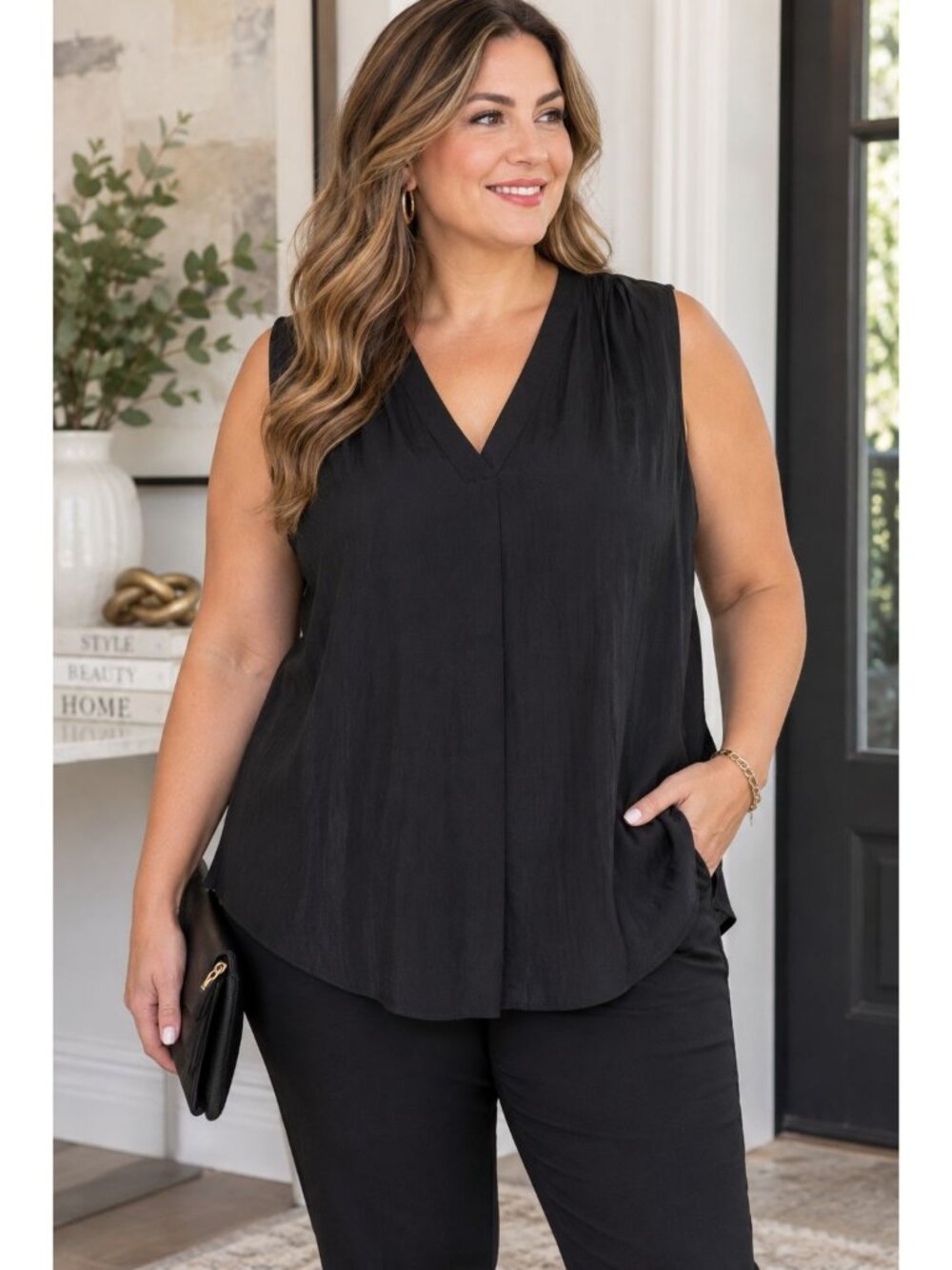 Vince Camuto Womens 1X Black Sleeveless V Neck Blouse Textured Plus Size Top